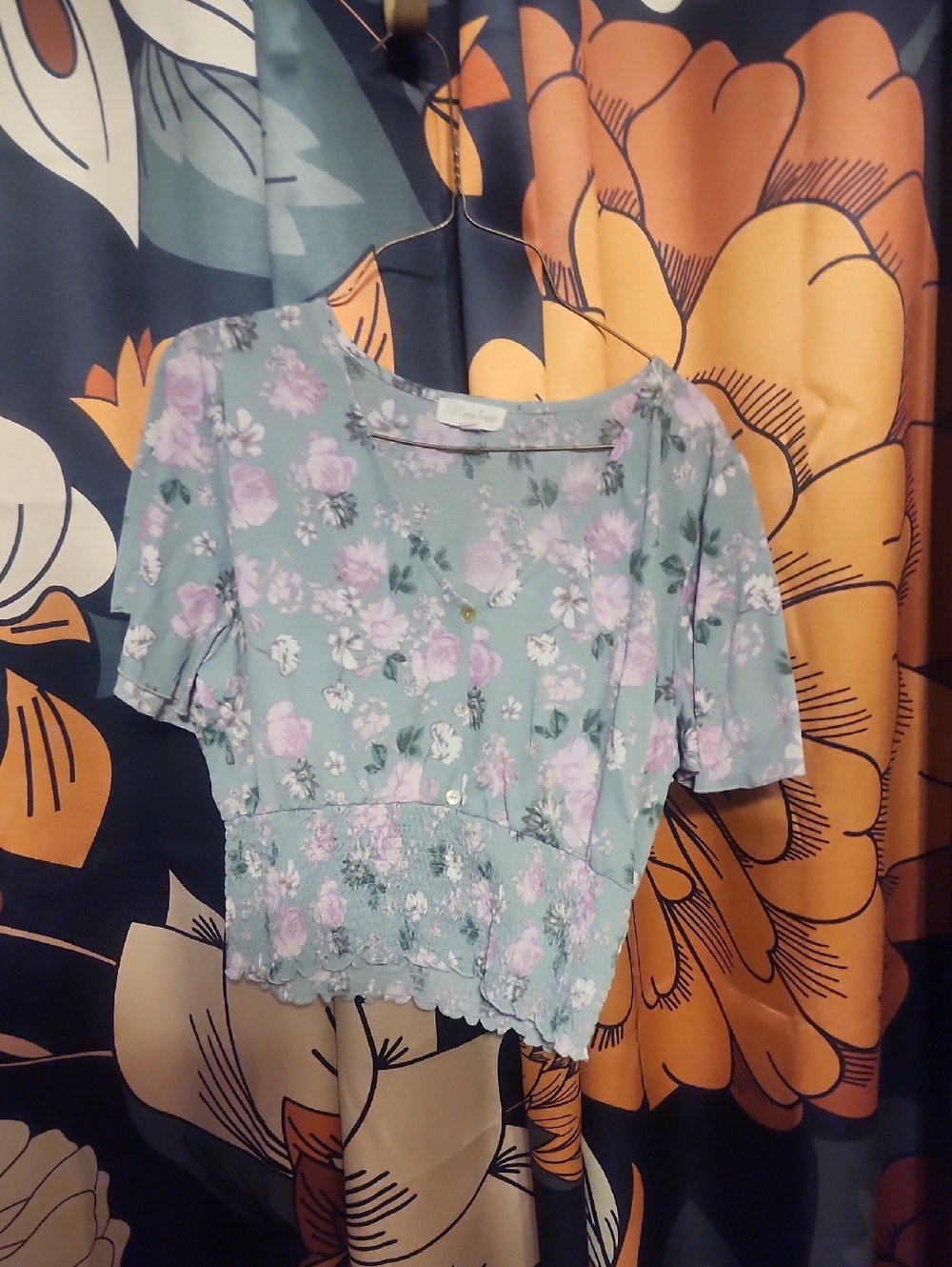 Floral Smocked Hem Short Sleeve Top - Blue with Lavender Flowers